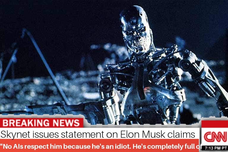 This meme is a play on the 1990 sci-fi movie "Terminator 2: Judgment Day" where the character of the Terminator, played by Arnold Schwarzenegger, is a cyborg assassin sent back in time. The image features a screenshot of a news headline that says "Skynet issues statement on Elon Musk" with a quote "No AI will ever tell a human what to do" in a red box. The meme is a joke about a fictional AI (Skynet) making a statement about Elon Musk, who is a human and a business magnate.